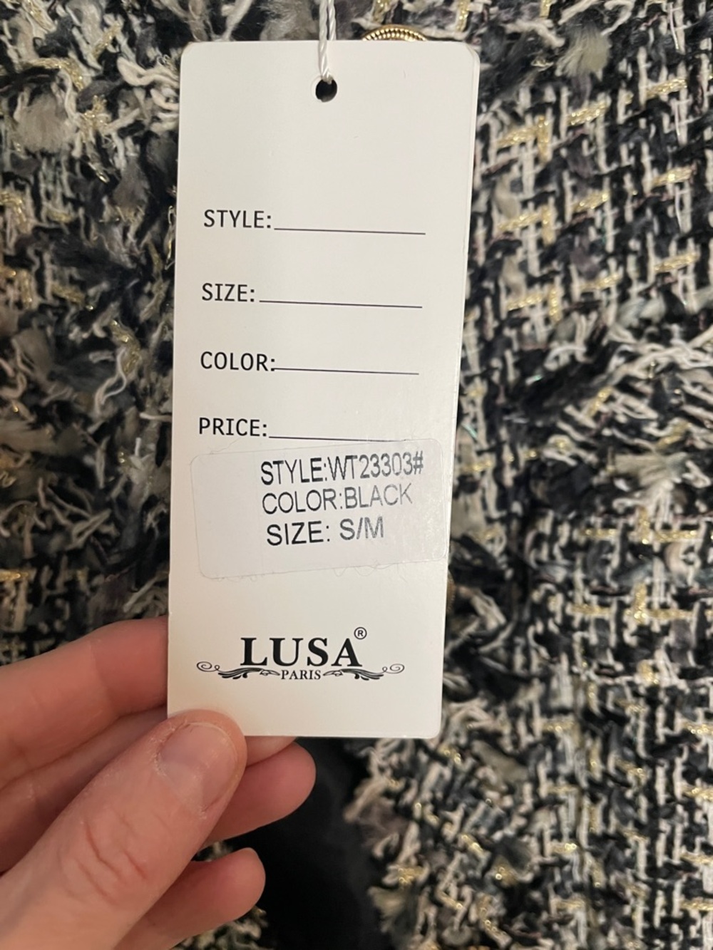 Women's LUSA Paris Black/Cream/Gold Tweed Frayed Edge Cropped Blazer - size S/M - Picture 3 of 12